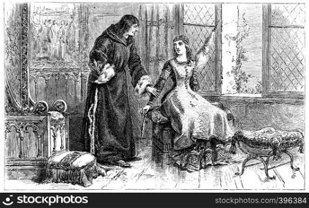 One day St. Louis, finding her sister spinning wool, vintage engraved illustration.