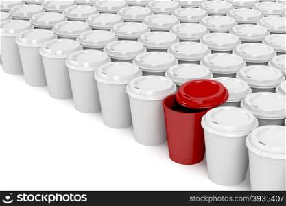 One different coffee cup in multiple rows of plastic coffee cups