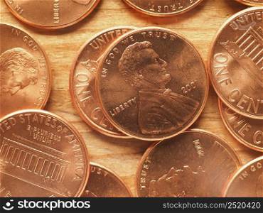 One dollar cent coins money (USD), currency of United States. 1 cent coins, United States