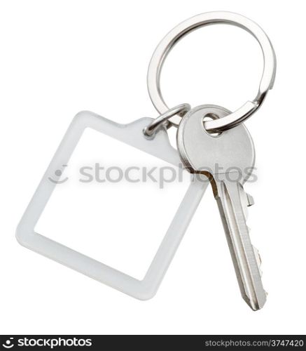 one door key and square keychain on ring isolated on white background