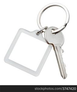 one door key and square keychain on ring isolated on white background