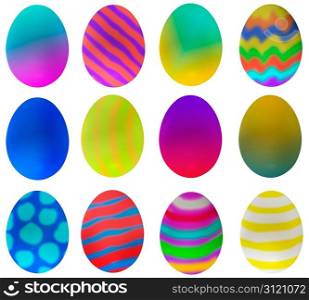 One dozen eggs decorated for Easter. Photograph of an egg colored in Photoshop. The set is isolated with a clipping path so they can be placed as needed.