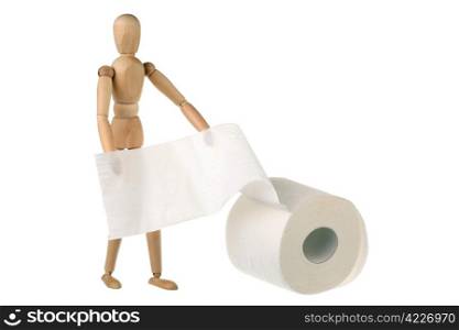 One dummy and a roll of toilet paper. Isolated on white.