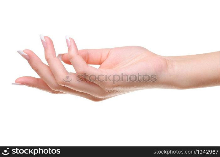 One elegant female hand with beauty french manicure - isolated on white