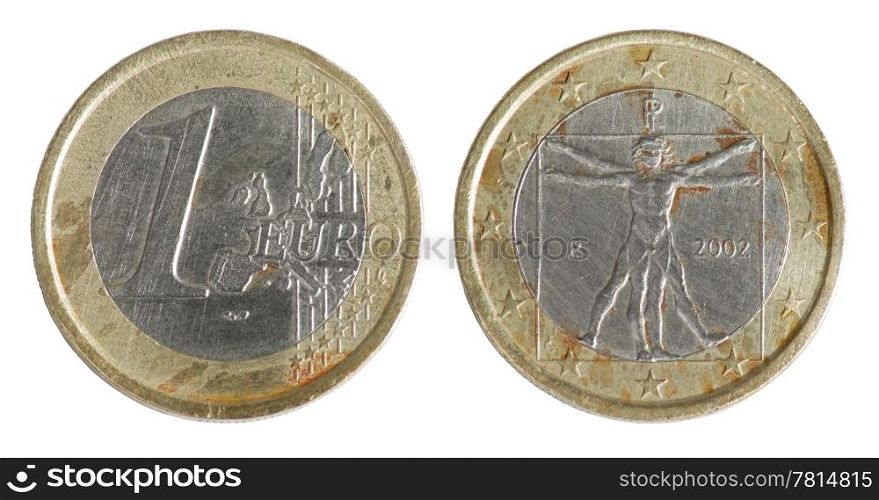 One euro coin on the white background (Italy)