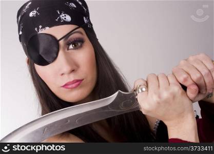 One Eyed Pirate Wench Woman Showing Knife Blade