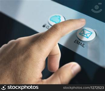 One finger pressing an email button to check for emails, concept of communication or mailbox.. Checking Emails