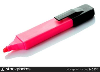One fluorescent marker on a white background with reflection on the floor