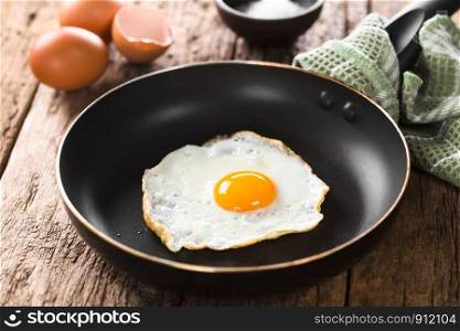 One fresh fried egg sunny side up in skillet (Selective Focus, Focus on the front of the egg yolk). Fried Egg in Skillet