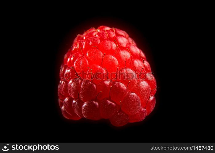 One fresh raspberry closeup on a black background isolated. Raspberry macro. One fresh raspberry closeup on a black background isolated.