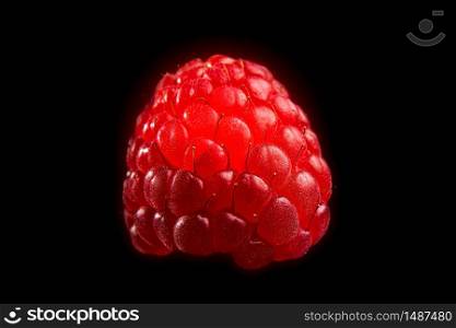 One fresh raspberry closeup on a black background isolated. Raspberry macro. One fresh raspberry closeup on a black background isolated.