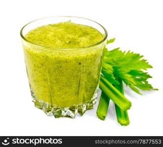 One glassful with a cocktail of celery, celery stalks and leaves isolated on white background