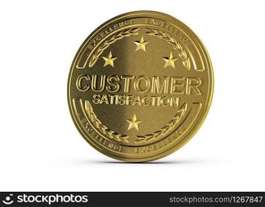 One golden customer satisfaction medal over white background. Concept of CRM, Customer Relationship Management. 3D illustration. Excellent Customer Relationship Management, Award