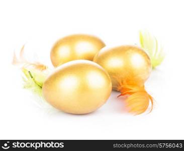 One golden eggs in the nest isolated on white. golden egg in nest