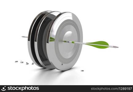 one green arrow hitting the center of three metal targets and penetrate through them, 3d render over white background with shadow. business performance concept, challenge, arrow hitting the mark
