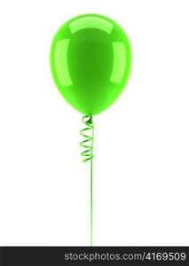 one green party balloon with ribbon isolated on white background