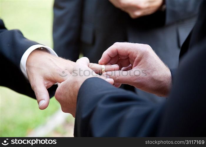 One groom placing the ring on another man&rsquo;s finger during gay wedding.