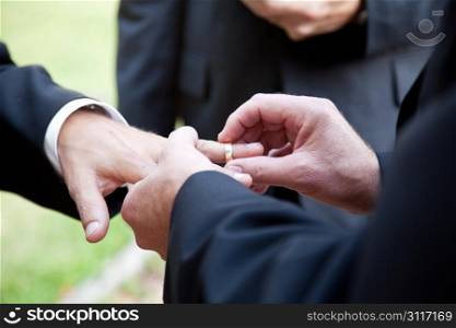 One groom placing the ring on another man&rsquo;s finger during gay wedding.