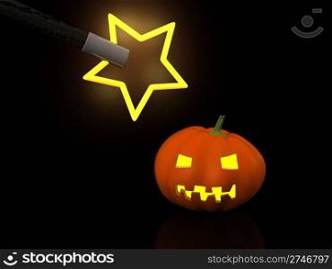 one halloween pumpkins with magic wand. 3d
