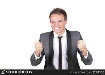 One happy energetic businessman with his arms raised.