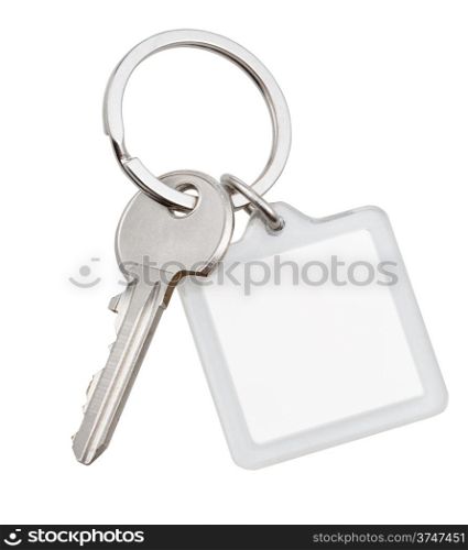 one house key and square keychain on ring isolated on white background