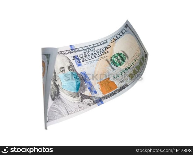 One Hundred Dollar Bill With Medical Face Mask on Benjamin Franklin Isolated on White.
