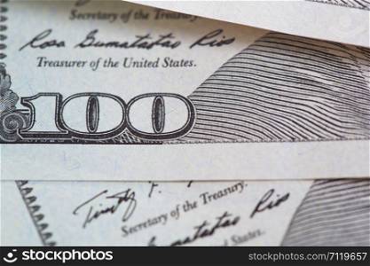 One hundred US dollars banknotes. Close-up view