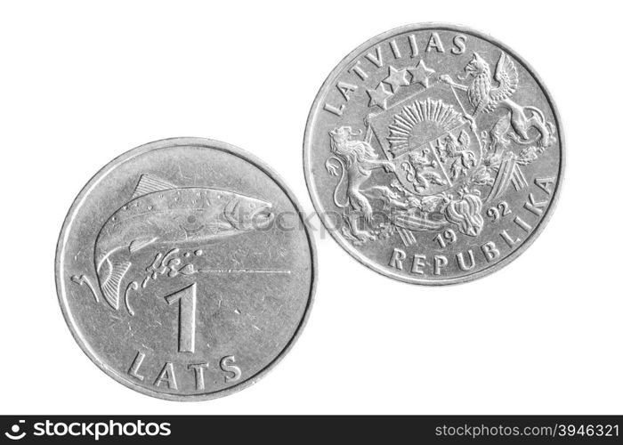 One Latvian Lat Coin isolated over white background