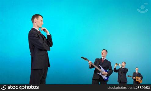 One man band. Young man in suit and people playing different music instruments