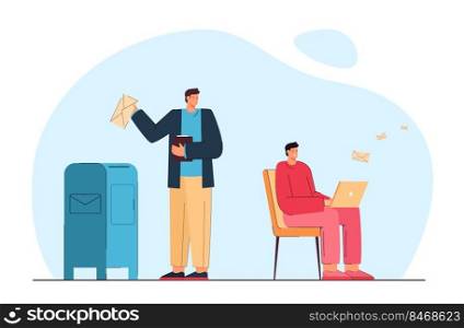 One man sending letter in envelope, another using electronic mail. Writing letter and email comparison flat vector illustration. Modern technology concept for banner, website design, landing web page