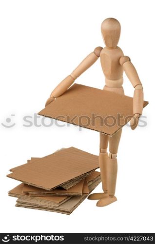One mannequin and cardboard on white background