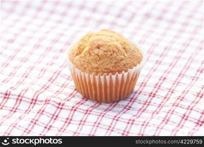 one muffin on plaid fabric