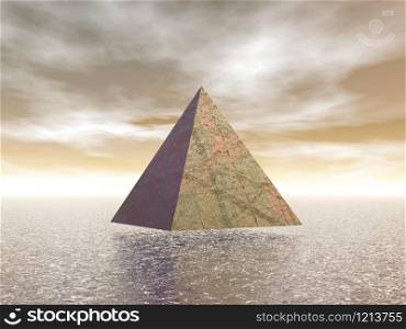 One mystical pyramid upon water in brown background. Mystical pyramid - 3D render