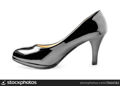 One new black patent leather shoes on a white background