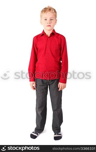one nice boy wearing shirt and pants is standing. isolated.