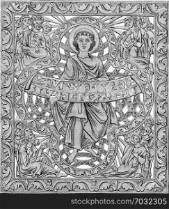 One of the eight Beatitudes of directly after a print from a blight of big chandelier of Aachen, Labour twelfth century, vintage engraved illustration. Magasin Pittoresque 1876.