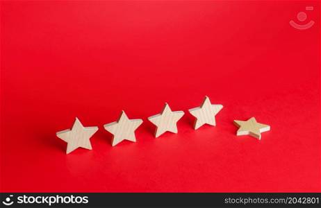 One of the five stars fell down. Loss of the fifth star. Drop in rating, prestige and reputation reduction. Lowering and demotion. Decline in quality and level of service. Dont meet the requirements