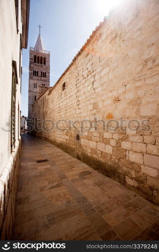 One of the four towers in the old city of Rab, Croatia