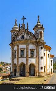 One of the many historic churches in Baroque and colonial style from the 18th century in the city of Ouro Preto in Minas Gerais, Brazil. Historic church in Baroque and colonial style from the 18th century in the city of Ouro Preto
