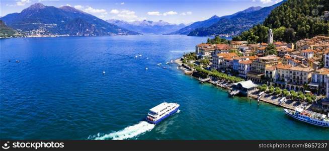 One of the most beautiful lakes of Italy - Lago di Como. aerial panoramic view of beautiful Bellagio village, popular tourist destination