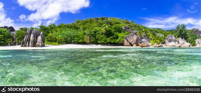 One of the most scenic and beautiful tropical beach in the world - Anse source d?argent in La Digue island, Seychelles