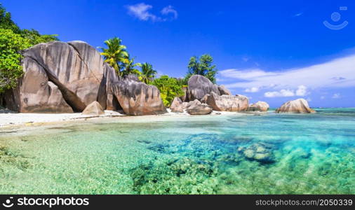 One of the most scenic and beautiful tropical beach in the world - Anse source d?argent in La digue island, Seychelles