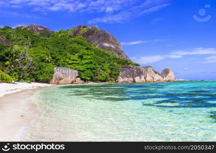 One of the most scenic and beautiful tropical beach in the world - Anse source d?argent in La Digue island, Seychelles