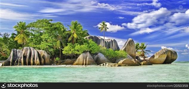 One of the most scenic and beautiful tropical beach in the world - Anse source d?argent in La Digue island, Seychelles. amazing Seychelles. La Digue island