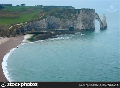 One of the three famous white cliffs known as the Falaise de Aval in Etretat, France.