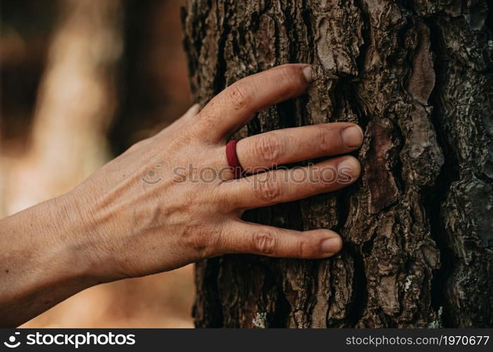 One old hand over a tree trunk using a rubber ring with super texture