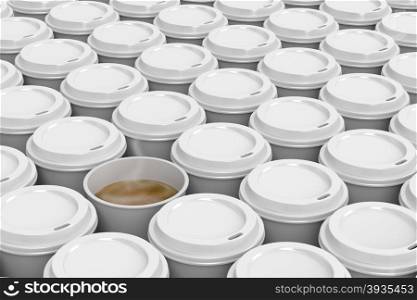 One opened coffee cup in multiple rows of plastic coffee cups