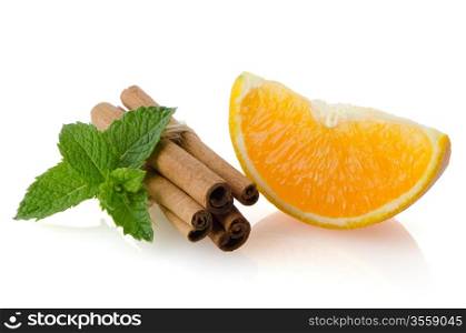One orange fruit segment or cantle isolated on white background.
