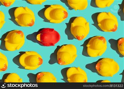 One out unique rubber duck concept on a blue background. Standing out from crowd, individuality and difference concept