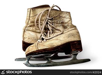 One pair of women skates are towards each other isolated on white background